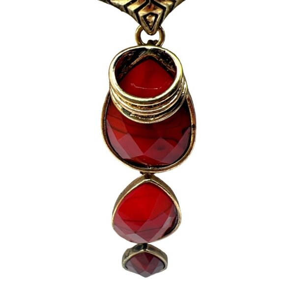 Vintage Gold Tone Necklace With Red Acrylic Drops & Chevron Pattern. N19 - Picture 6 of 9